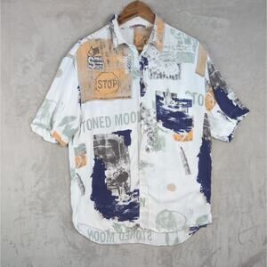 Vintage 90s Turbo Stoned Moon Men's Abstract Print Short Sleeve Shirt Grungecore